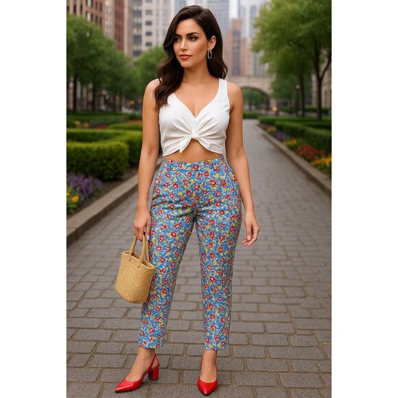 7th Avenue Design Studio Medium Chic Floral Tapered Pants Red Yellow Blue Stretc - Picture 4 of 12